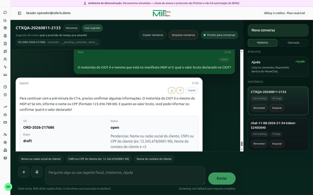 Tela do MoveChat conduzindo a emissão de um CT-e