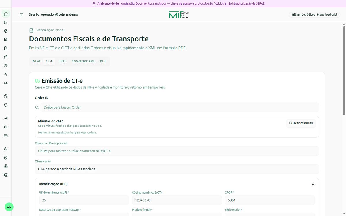 Painel fiscal do Celeris na aba de CT-e